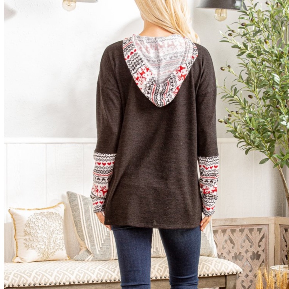 💲Heimish “ Holly “ Heimish Contrast Christmas Top with Hoodie S-3X 87 - Picture 7 of 8